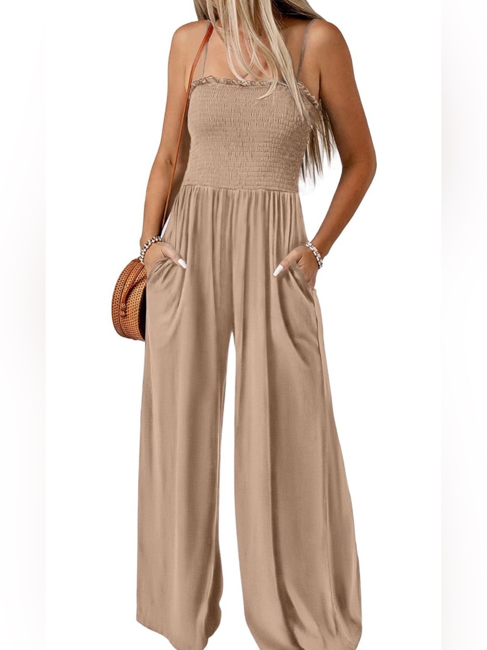 Taupe Smocked Wide Leg Jumpsuit With Pockets-large
